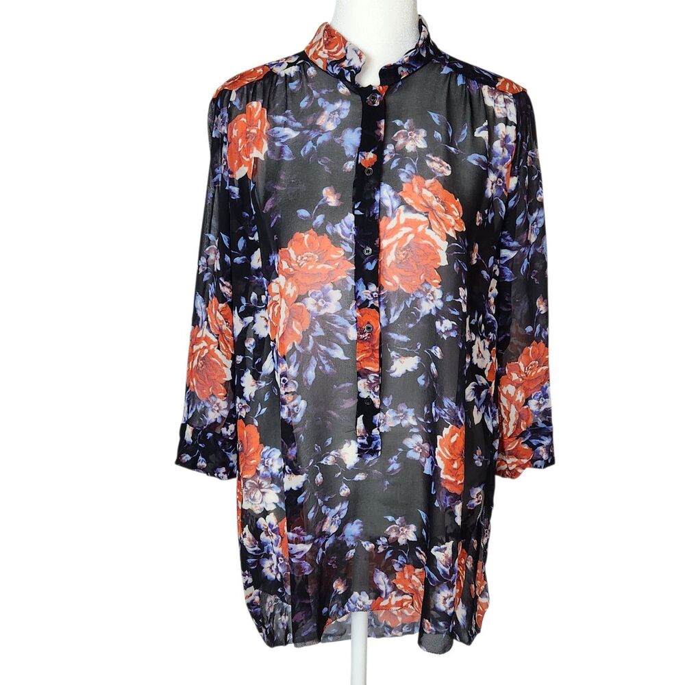 Wilfred Aritzia 100% Silk Midnight Floral Sheer Tunic Blouse Small Band Collar